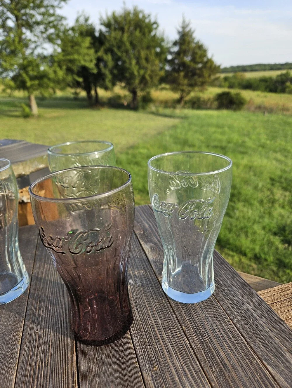 Coca Cola Green, Light Blue, Clear and Purple Embossed Glass Tumblers - Set of 4